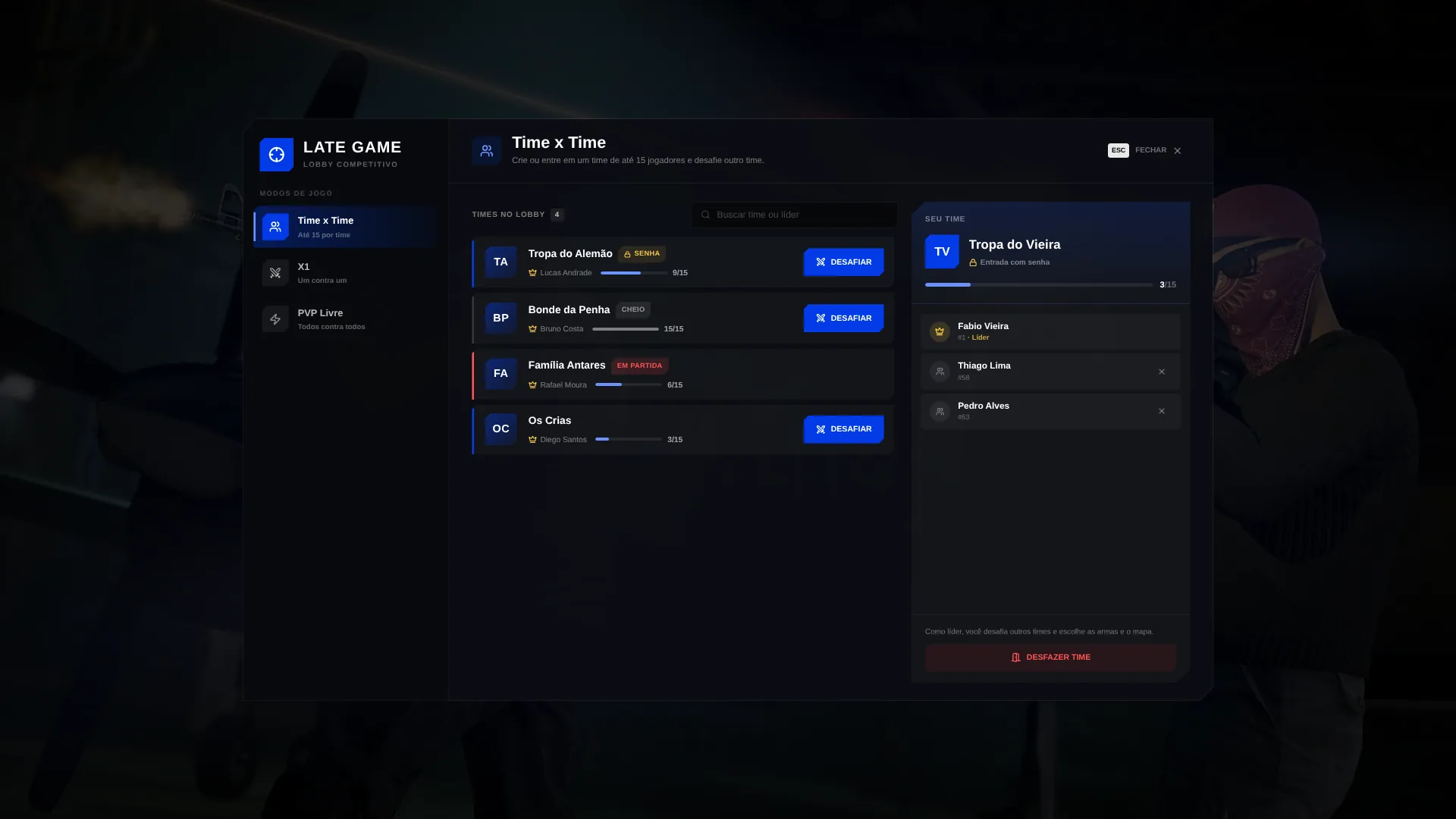 Lobby com times e desafios